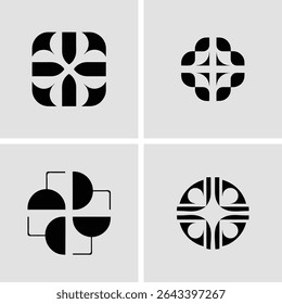 Four minimalist black and white geometric designs suitable for logo and icon concepts