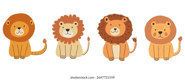 Four minimalist cartoon lion vectors in warm beige, orange, brown, and gray tones with playful shapes and friendly expressions. Perfect for children’s décor, nursery prints, safari branding, web.