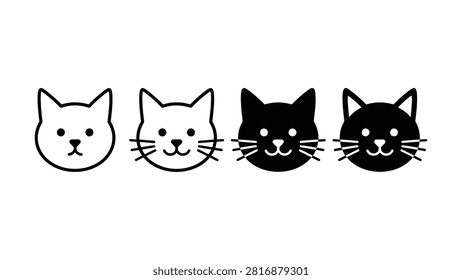 Four minimalist cat faces in white and black with varying expressions aligned horizontally