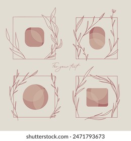 Four Minimalist Floral Frames With Abstract Shapes,design templates in line art style. Vector backgrounds for wedding invitations, greeting cards, social media stories, label, corporate identity