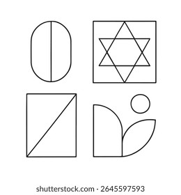 Four Minimalist Geometric Forms: Oval, Star-Patterned Square, Diagonal-Split Square, Semicircle and Leaf Composite Artwork