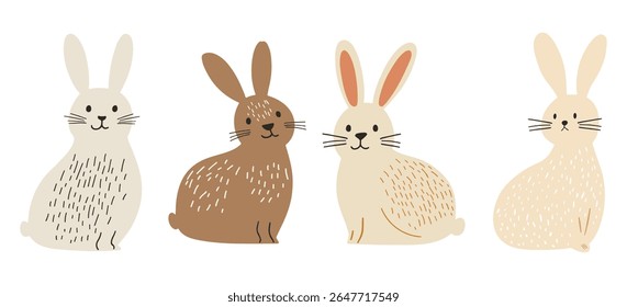 Four minimalist hand-drawn bunny vectors in neutral cream and brown tones, featuring simple line textures and playful expressions. Perfect for Easter, nursery decor, greeting cards, web and print.