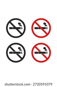 Quatro ilustrações minimalistas representando um ambiente livre de fumaça. O conjunto apresenta uma silhueta de cigarro em negrito com um impacto diagonal em cores pretas e vermelhas.