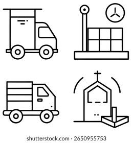 Four minimalist line art icons are displayed on a white background. The top left icon depicts a delivery truck with a rectangular cargo area and wheels.