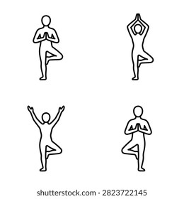 Four minimalist line art illustrations depict figures in the Vrikshasana yoga pose, symbolizing balance and wellness.