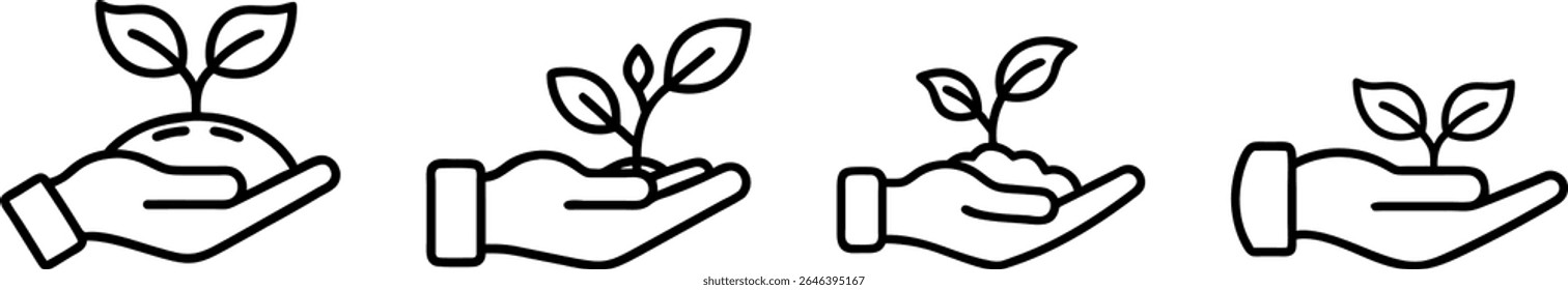 Four minimalist line icons depict hands gently holding small plants with leaves. These icons represent nurturing, growth, new beginnings, and environmental care.