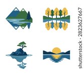 Four minimalist nature scenes featuring serene landscapes and water reflections