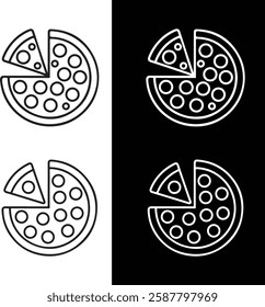 Four minimalist pizza icons are arranged in a 2x2 grid vector in white and black background