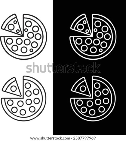 Four minimalist pizza icons are arranged in a 2x2 grid vector in white and black background