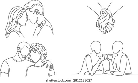 Four minimalist single-line on a white background. left: a couple in a romantic embrace. right: hands intertwined. Bottom left: a couple embracing. Bottom right: two figures holding coffee cups.