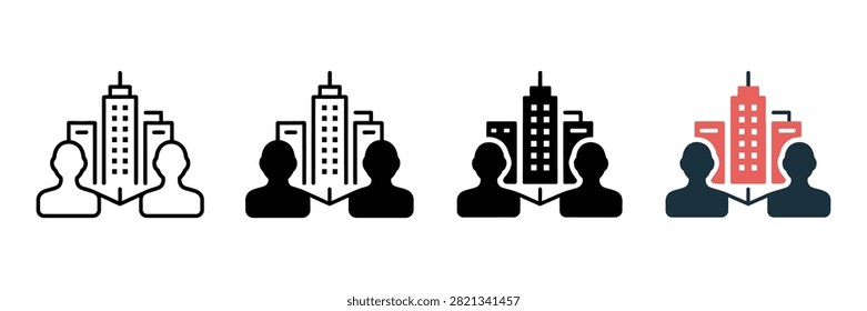Four minimalist vector icons depicting simple human silhouettes standing together in front of tall skyscraper buildings with clean lines