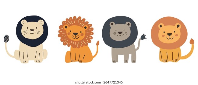 Four minimalist vector lion illustrations in muted beige, orange, grey, and navy tones with simple shapes and friendly expressions. Ideal for children’s décor, nursery prints, safari-themed branding.