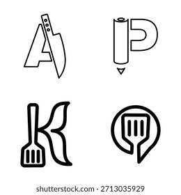 Cuatro logotipos de contorno de Vector minimalista que combinan letras A, P, K con un cuchillo, rollo de papel, espátula y una espátula en un pin de ubicación para la marca.