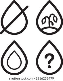 Four minimalist waterdrop icons with unique symbols inside isolated on transparent background