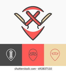 Four minimalistic pointers for barber shop: with straight razor, mustache, beard, pole. Thin line symbols of hairdresser. Vector illustration.