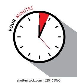 Four Minutes Clock. Stopwatch Countdown. Vector Clock Face Isolated on White Background.