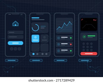 Four mobile application screens show user interface layouts. Each screen contains buttons, graphs, and menu options. The design highlights data presentation and user interaction.