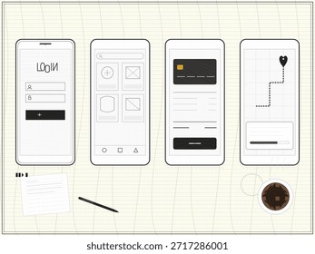 Cuatro pantallas de dispositivos móviles están dispuestas en una mesa de trabajo. Muestran varias etapas de un diseño de App móvil. Una taza de café y herramientas de escritura están presentes en la mesa.