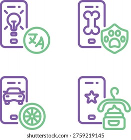 Four mobile phone screens displaying various app icons and symbols.