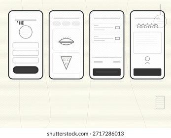 Cuatro pantallas móviles muestran diferentes opciones en un App de entrega de alimentos. Los usuarios pueden ver platos, hacer pedidos y leer reseñas. Los Diseños muestran claramente los menús y las valoraciones de los usuarios.