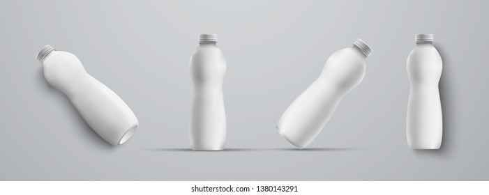 Four mockup plastic white bottle from different angles. White color templates isolated on background for presentation of label design.