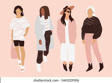 Four model girls dressed in trendy clothes standing in various poses. Fashion look.  Female faceless characters. Hand drawn colored vector set. All elements are isolated