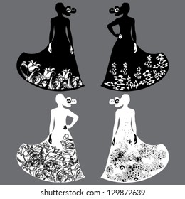 four models in long dress black and white
