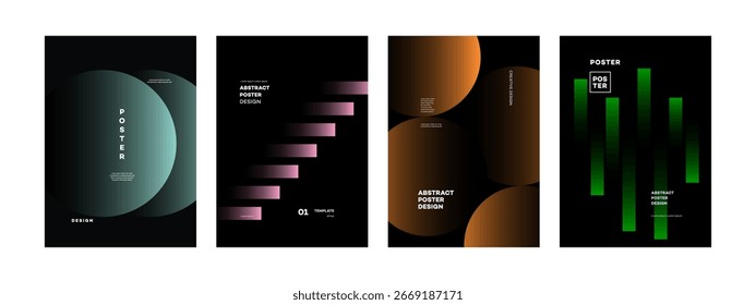 Four modern abstract poster templates with geometric shapes and gradients in dark colors. Ideal for corporate branding, presentations, or marketing materials. Includes Style .