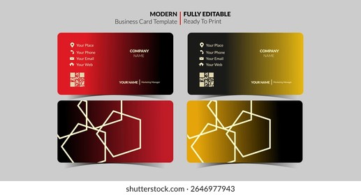 Four modern business card templates are displayed, featuring red and yellow color schemes with geometric designs.