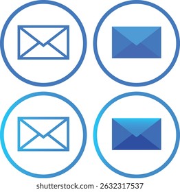 En esta Ilustración vectorial se presentan cuatro iconos de correo electrónico azules, circulares y modernos, que representan aspectos clave de la comunicación en línea.