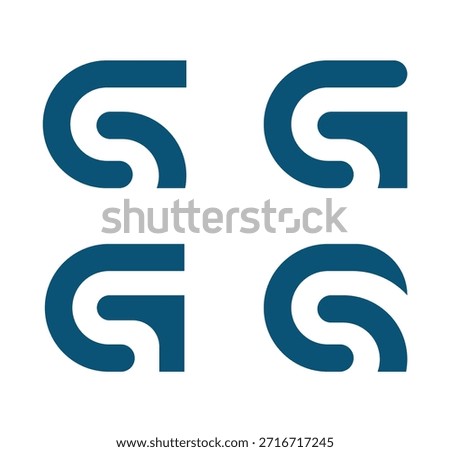 Four modern dark blue abstract G or S letter logo design elements displayed on a clean white background