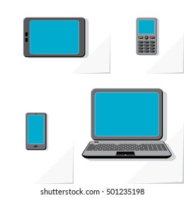 Four Modern Electronic Digital Devices Icons Laptop Tablet Smartphone Mobile with Blue Screens - Grayscale Objects on White Natural Paper Effect Background - Infographic Flat Design
