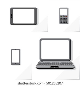 Four Modern Electronic Digital Devices Icons Laptop Tablet Smartphone Mobile with White Screens - Grayscale Objects on White Natural Paper Effect Background - Infographic Flat Design