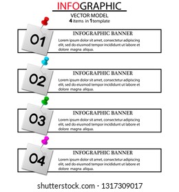 Four modern elements of infographics for business,advertising, presentation,process diagram, workflow layout, banner, flow chart, info graph.Parts of infographics are fastened with a stationery nail.