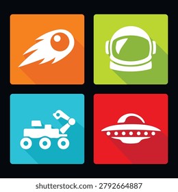 Four modern flat design space exploration icons showcasing a flaming meteor a white astronaut helmet a robotic mars rover vehicle and an alien ufo flying saucer on colorful background squares with lon