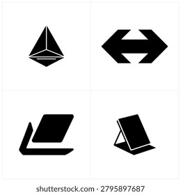 Four modern geometric icons including pyramid, hexagon, laptop, and tablet in black and white for tech