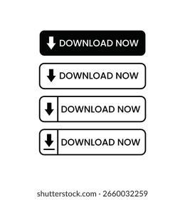 Cuatro modernos Botones de Descarga rectangular con esquinas redondeadas. Descargar ahora Un negro sólido, tres blancos con contornos negros, con texto 'L' e iconos de flecha distintos.