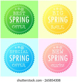 Four modern style spring sticker, label in different color gradients with Best and Special Spring offer, Big Spring Sale and New Spring collection text. 