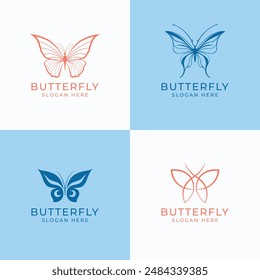 Four modern vector logo designs featuring butterflies, blending elegance with contemporary style. Ideal for brands symbolizing transformation and beauty.