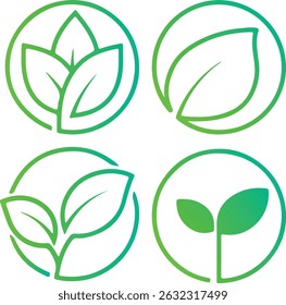 Four modern and vibrant green leaf icons are featured within circular frames in this versatile vector illustration.