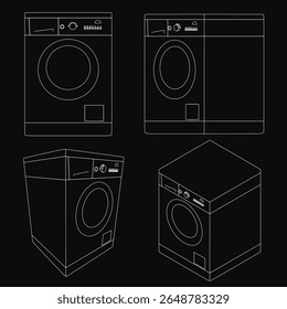 Four modern washing machines lined up on a sleek black background, each with a distinct design and vibrant color ranging from light blue to deep red. The minimalist composition highlights their clean.