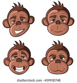 four monkey faces with different emotions. Funny chimpanzee, monkey surprised and so on