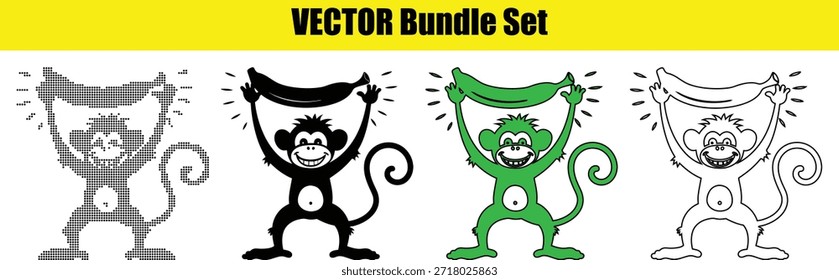Quatro ilustrações de macaco segurando bananas em estilos diferentes