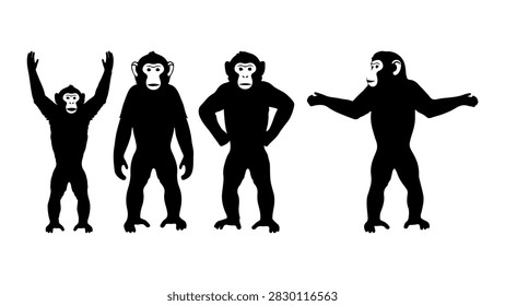 Four monkey silhouettes in different poses, showcasing movement and behavior, suitable for wildlife, nature, and animal-themed projects.