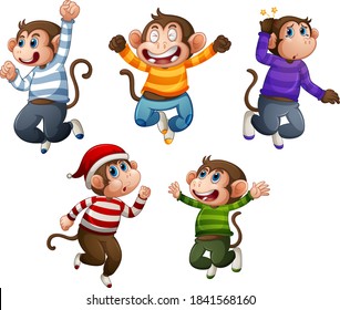 Four monkey wear t-shirt in jumping pose isolated on white background illustration