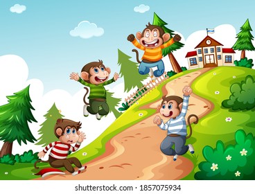 Four monkey wear t-shirt jumping in nature scene illustration