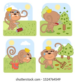Four monkeys in garden mowing the lawn, cutting a tree, plucking weed and raking leaves (kawaii style illustration)