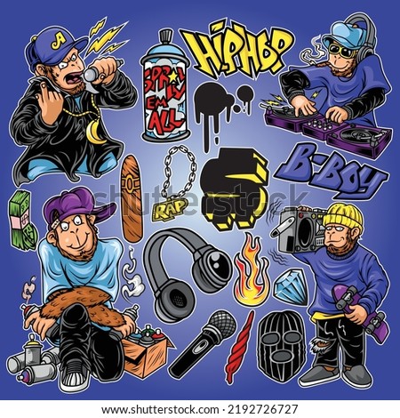 four monkeys wearing rap clothes and jewelry, complemented by other rap elements

