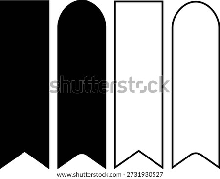 Four monochrome graphic banners, two solid and two outlines, featuring both straight and rounded tops with pointed tails.
