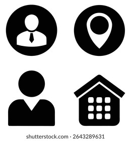 Four monochrome icons against a white background A person in a suit a location pin a person and a building with a grid pattern are depicted in simple black shapes